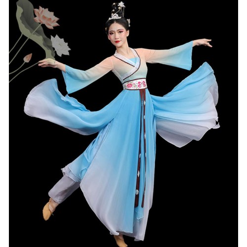 Women Girls Blue Gradient Chinese Folk Classical dance Costumes Ancient Hanfu Princess Fairy Dress female waterfall sleeves umbrella fan art exam dance suit